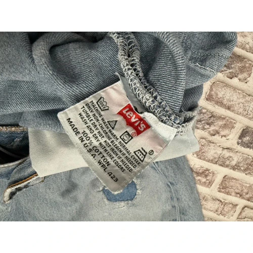 VTG Levis 501 Mens 33x30 Light Wash Jeans  Made USA Ripped Repair Distressed 90s